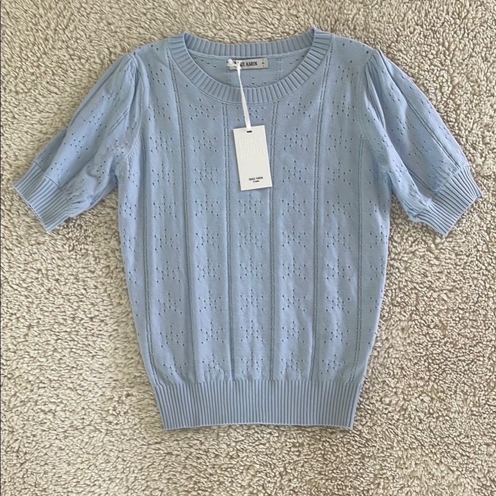 Grace Karin Light Blue Short Sleeve Eyelet Top